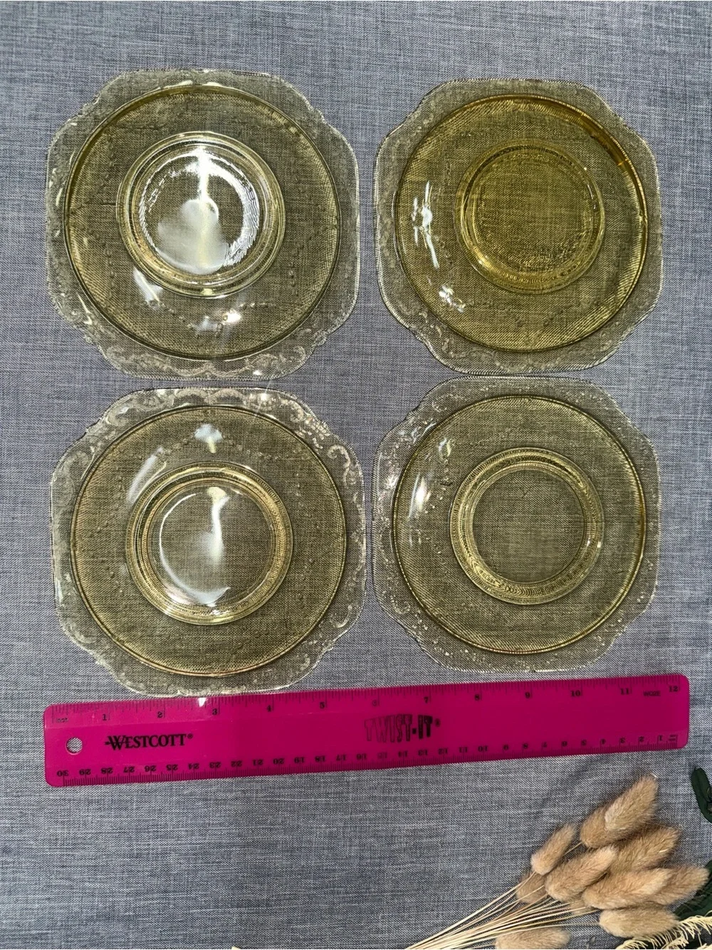 Vintage Amber Depression Glass Saucers Set of 4 Scroll Border Tea Cup Plates